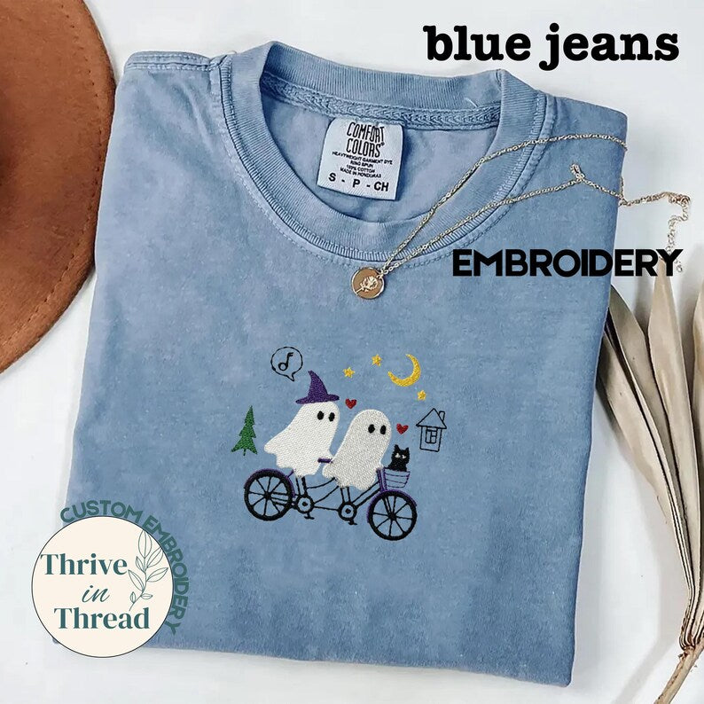 Halloween Embroidery Comfort Colors T-shirt, Cute Ghosts Night Biking Embroidered Tee, Ghost shirt, Spooky Season, biking shirt, ghost tee