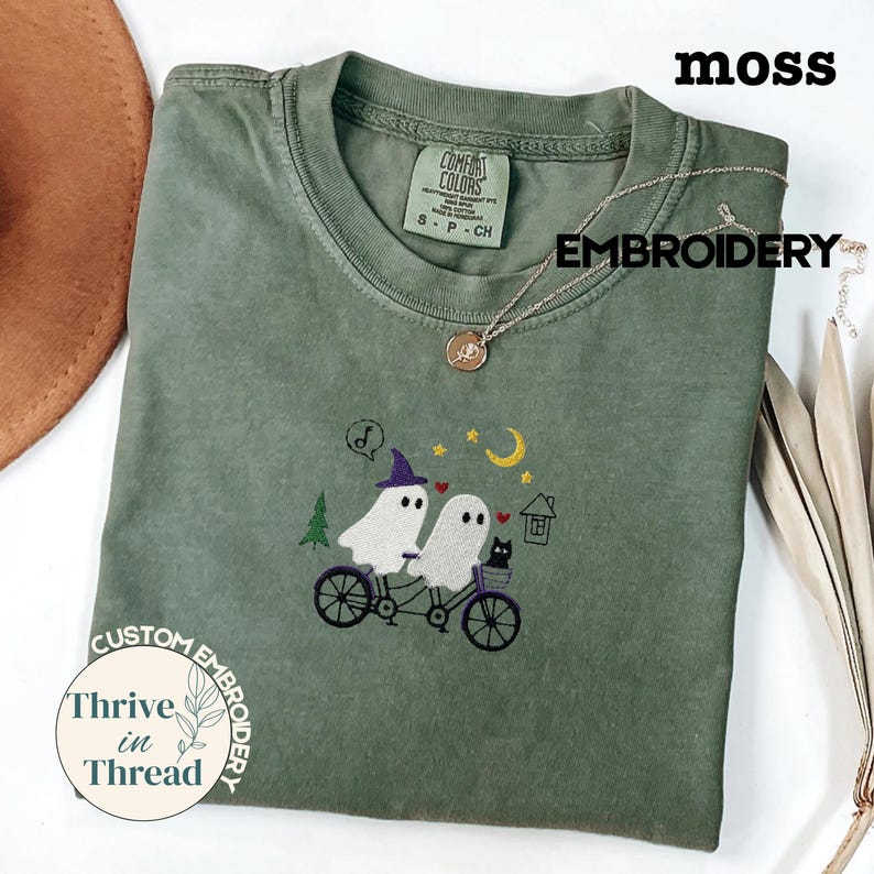 Halloween Embroidery Comfort Colors T-shirt, Cute Ghosts Night Biking Embroidered Tee, Ghost shirt, Spooky Season, biking shirt, ghost tee