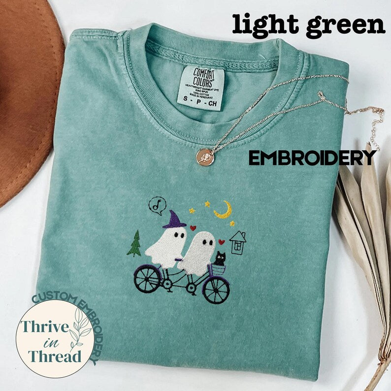 Halloween Embroidery Comfort Colors T-shirt, Cute Ghosts Night Biking Embroidered Tee, Ghost shirt, Spooky Season, biking shirt, ghost tee
