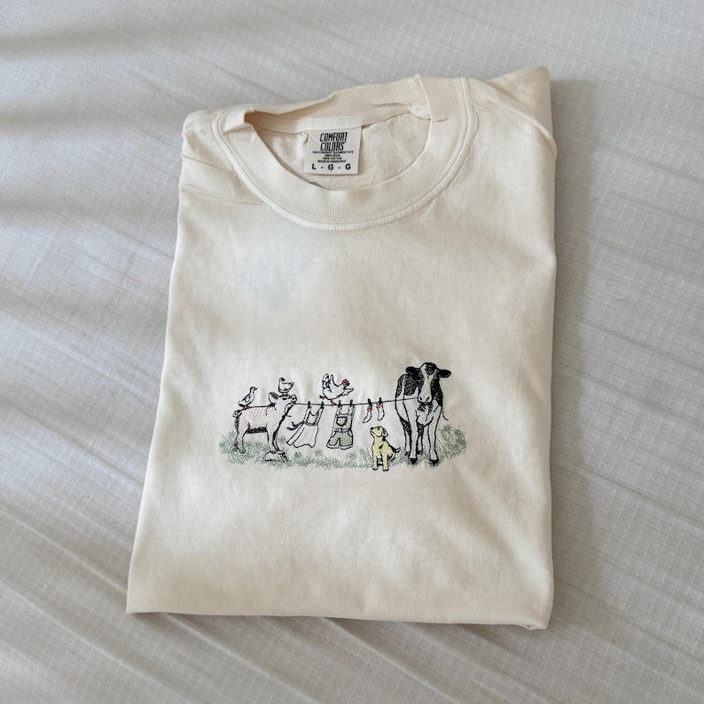 Embroidered Laundry Day Farm Animals Comfort Colors Tee, Custom Embroidered Ultra Soft Tee, Cute Every Day TShirt, Farm Animals Tee