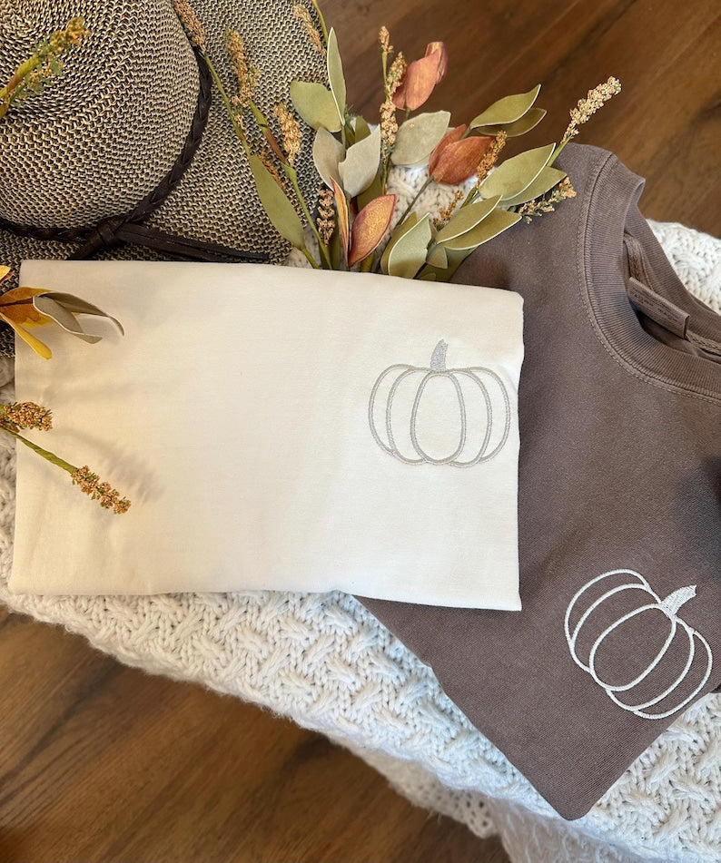 Pumpkin Comfort Colors Embroidered Tee - Pumpkin Outline T-Shirt - Simple Fall Pumpkin Crewneck T-Shirt - Minimal Fall Long Sleeve T-Shirt