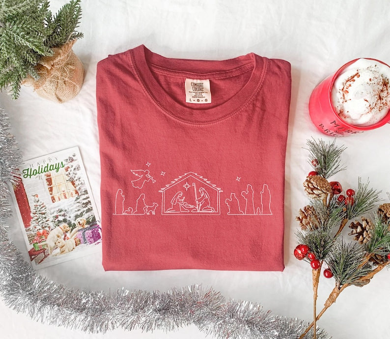 Christmas Nativity Embroidery Shirt Christian Christmas Comfort Colors Nativity Scene Embroidered Shirt Jesus Is The Reason For The Season