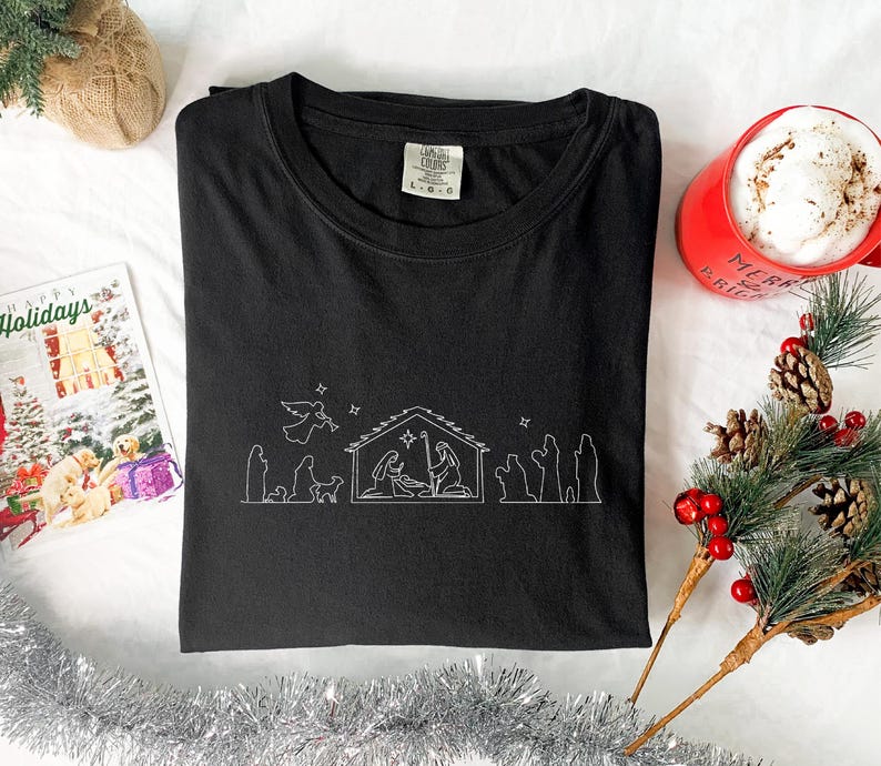 Christmas Nativity Embroidery Shirt Christian Christmas Comfort Colors Nativity Scene Embroidered Shirt Jesus Is The Reason For The Season