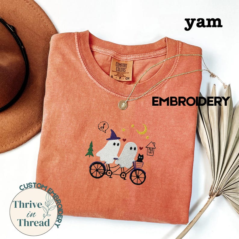 Halloween Embroidery Comfort Colors T-shirt, Cute Ghosts Night Biking Embroidered Tee, Ghost shirt, Spooky Season, biking shirt, ghost tee