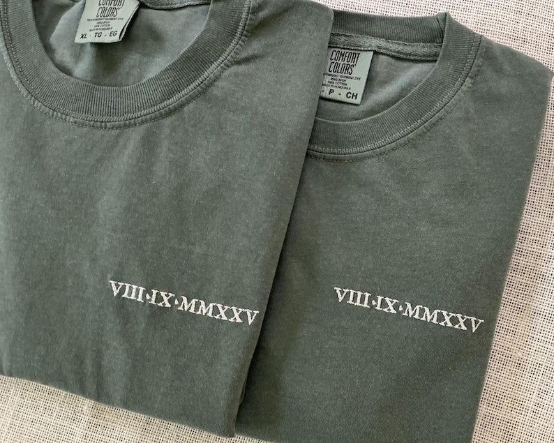 Embroidered Roman Numerals T-Shirt Anniversary Couples Matching Gift Custom Wedding Shirt