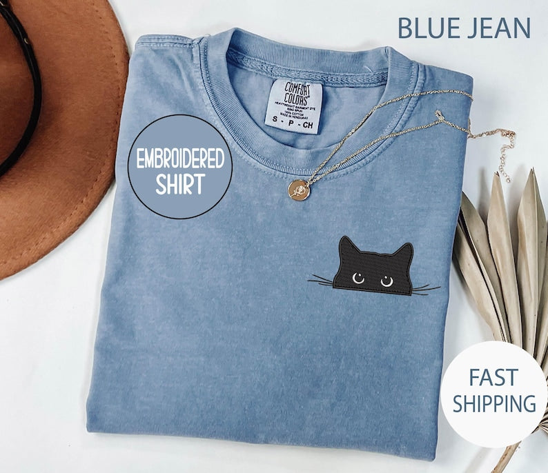 Embroidered Cat Peeking Comfort Colors Shirt: Funny Halloween Tee