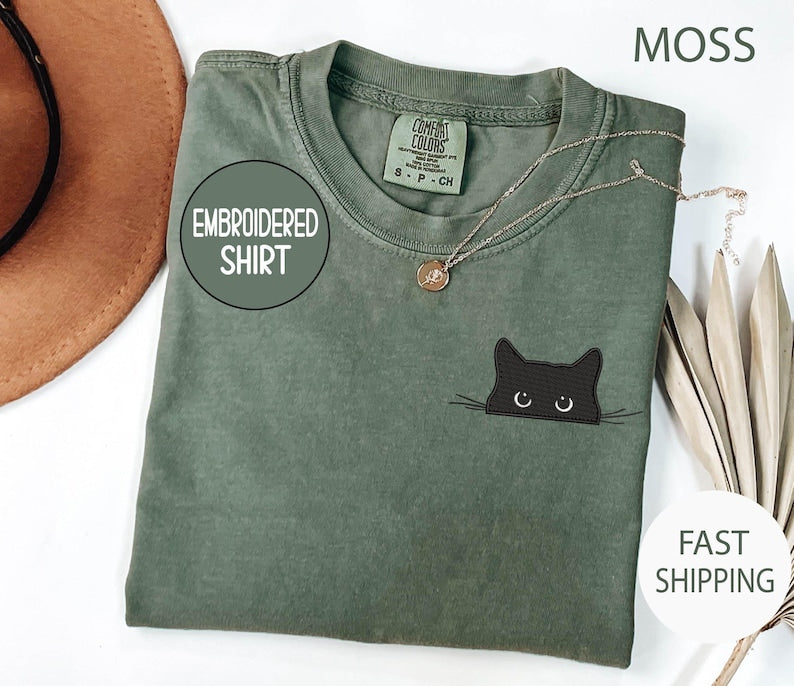 Embroidered Cat Peeking Comfort Colors Shirt: Funny Halloween Tee