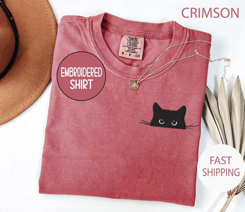 Embroidered Cat Peeking Comfort Colors Shirt: Funny Halloween Tee