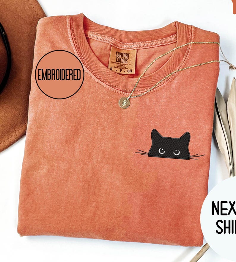 Embroidered Cat Peeking Comfort Colors Shirt: Funny Halloween Tee