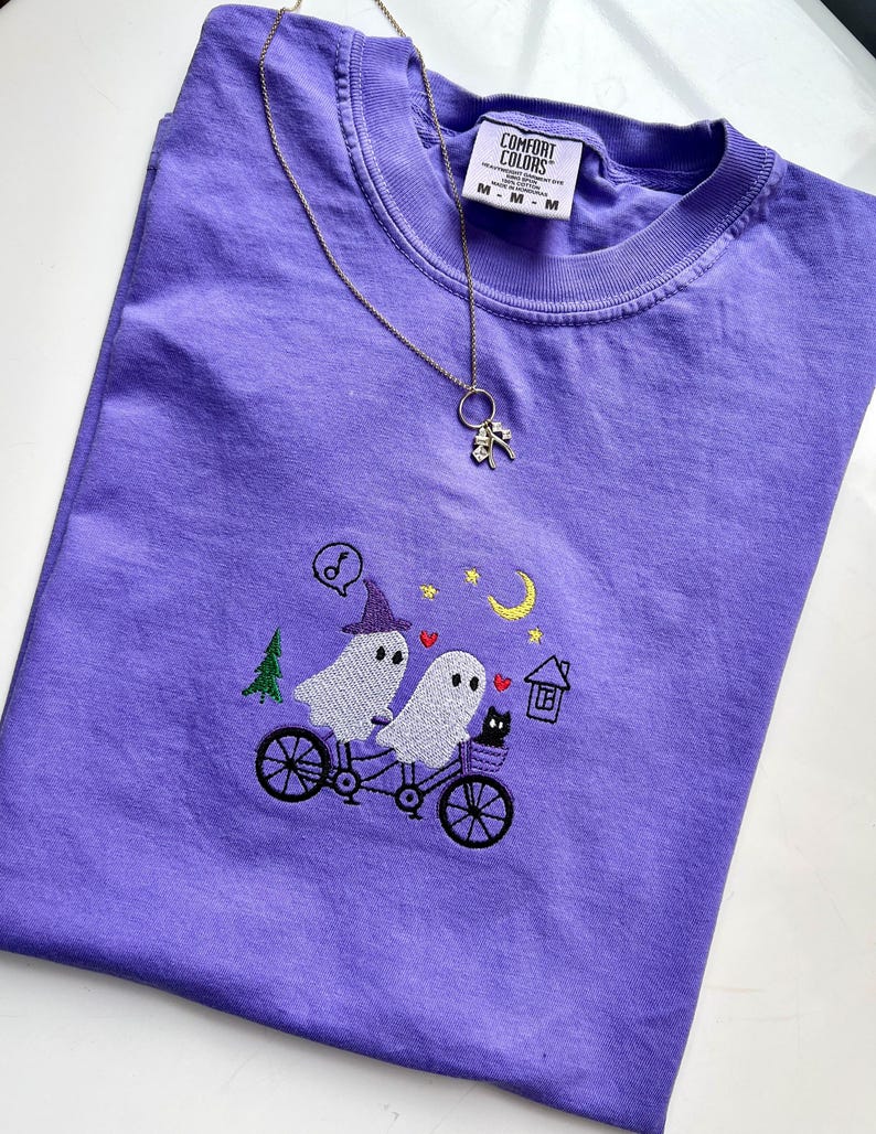 Halloween Embroidery Comfort Colors T-shirt, Cute Ghosts Night Biking Embroidered Tee, Ghost shirt, Spooky Season, biking shirt, ghost tee