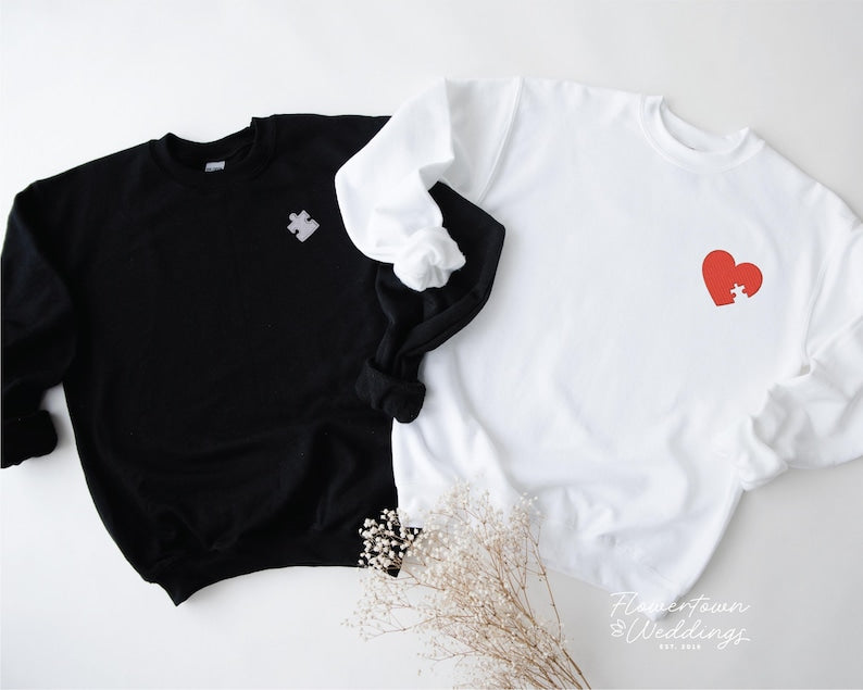 Personalized Heart and Puzzle Piece Hoodie - Custom Initial Embroidered Sweatshirt - Valentines Gift - Gift For Couples - Anniversary Gift