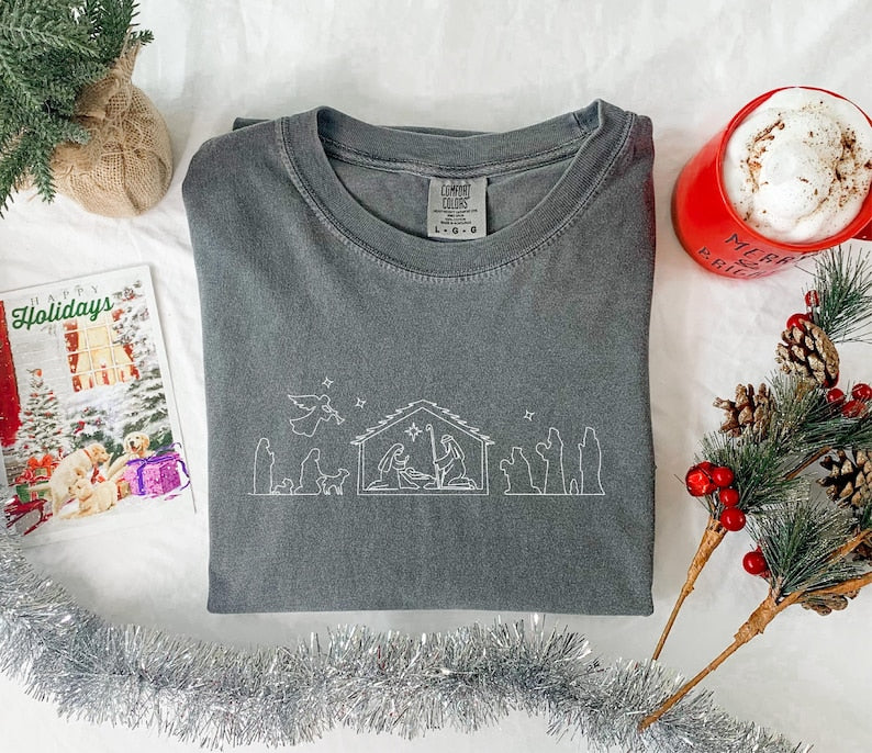 Christmas Nativity Embroidery Shirt Christian Christmas Comfort Colors Nativity Scene Embroidered Shirt Jesus Is The Reason For The Season