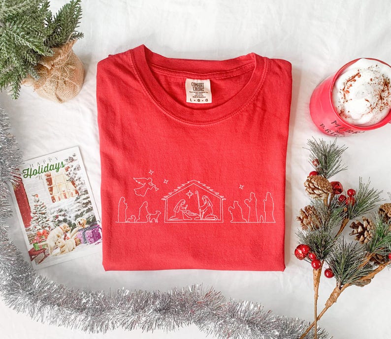 Christmas Nativity Embroidery Shirt Christian Christmas Comfort Colors Nativity Scene Embroidered Shirt Jesus Is The Reason For The Season