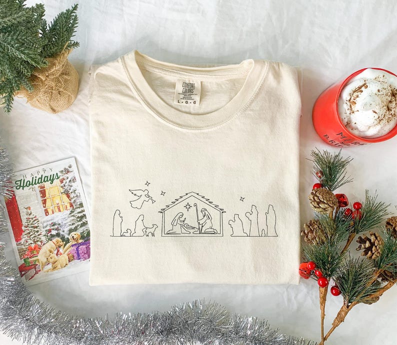 Christmas Nativity Embroidery Shirt Christian Christmas Comfort Colors Nativity Scene Embroidered Shirt Jesus Is The Reason For The Season