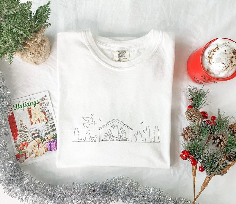 Christmas Nativity Embroidery Shirt Christian Christmas Comfort Colors Nativity Scene Embroidered Shirt Jesus Is The Reason For The Season