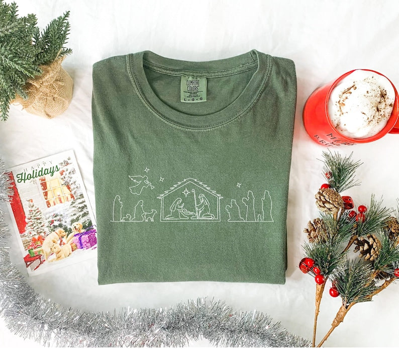 Christmas Nativity Embroidery Shirt Christian Christmas Comfort Colors Nativity Scene Embroidered Shirt Jesus Is The Reason For The Season