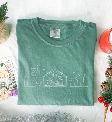 Christmas Nativity Embroidery Shirt Christian Christmas Comfort Colors Nativity Scene Embroidered Shirt Jesus Is The Reason For The Season