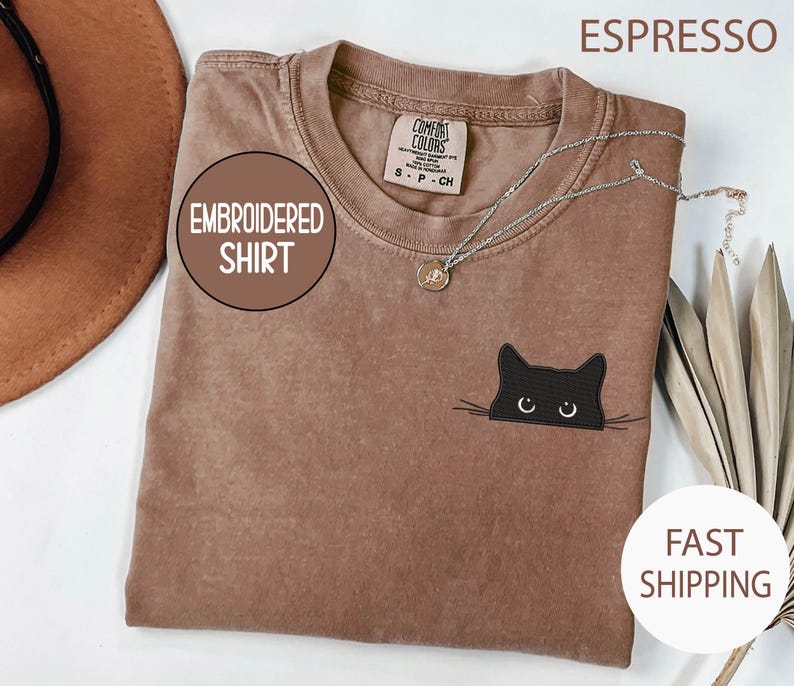 Embroidered Cat Peeking Comfort Colors Shirt: Funny Halloween Tee