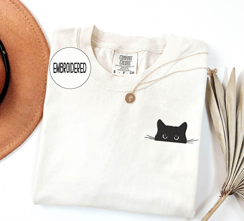 Embroidered Cat Peeking Comfort Colors Shirt: Funny Halloween Tee