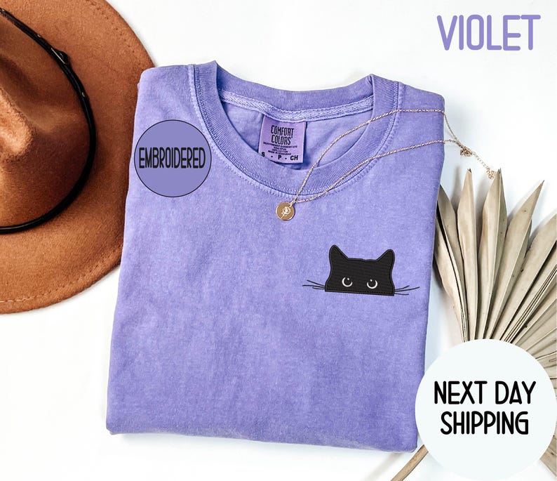Embroidered Cat Peeking Comfort Colors Shirt: Funny Halloween Tee