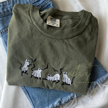 embroidered cute cat ghost halloween comfort colors tee, halloween shirt, cute trendy halloween tee, fall shirt, cat lover shirt