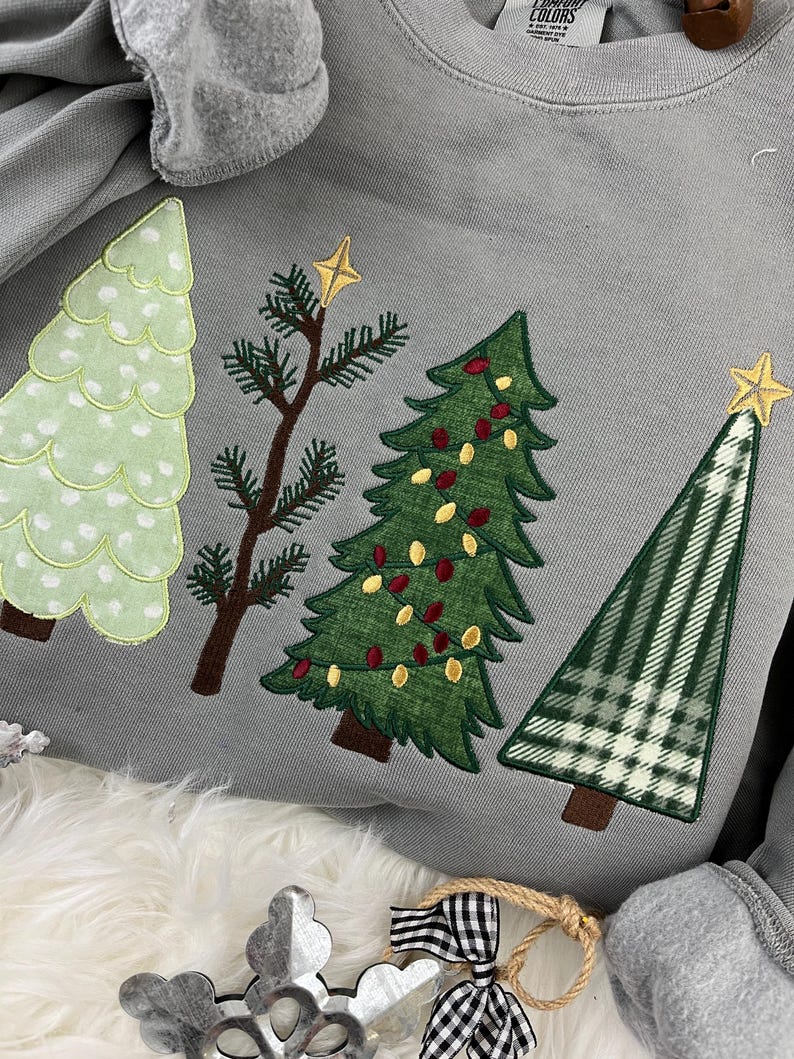 Christmas Tree Applique Cozy Sweatshirt or T-Shirt | 4 Festive Embroidered Tree Designs | Holiday Shirt | Comfort Colors Tee -Gift Idea