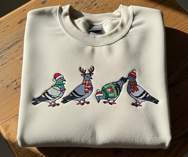Christmas Pigeon Embroidered Shirt Funny Bird Christmas Ugly Xmas Sweater Style Top | Animal Lover Holiday Gift Winter Crewneck for Her