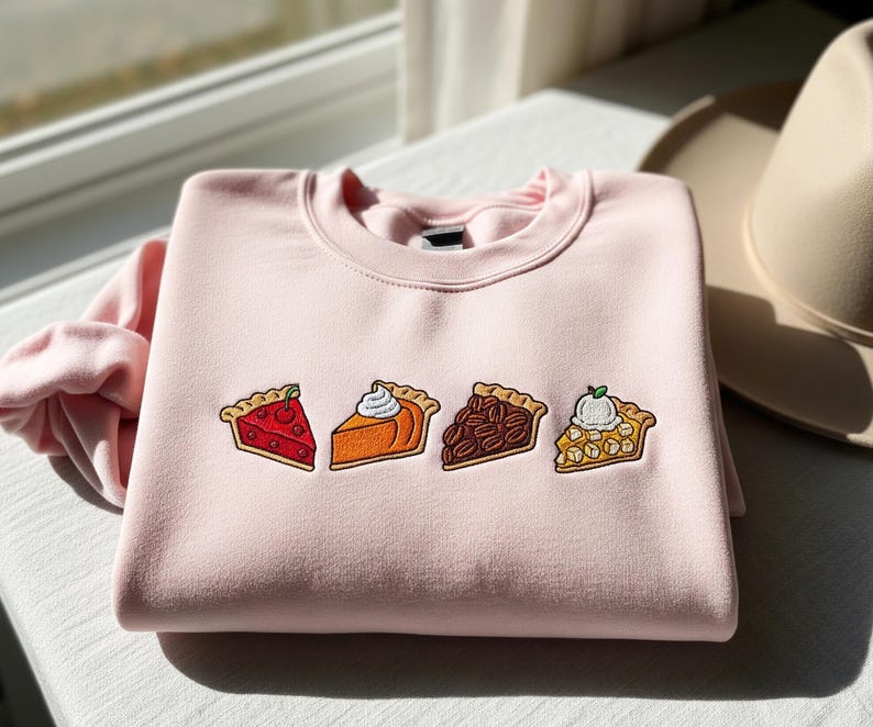 Embroidered Pie Sweatshirt, Cute Thanksgiving Dessert Sweater, Pumpkin Pie Crewneck, Food Lover Fall Shirt, Holiday Baking Gift