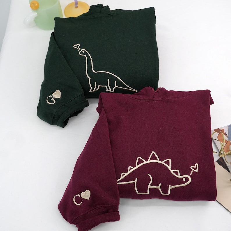 Embroidered Dinosaur Couple Hoodies: Personalized Matching Sweatshirts