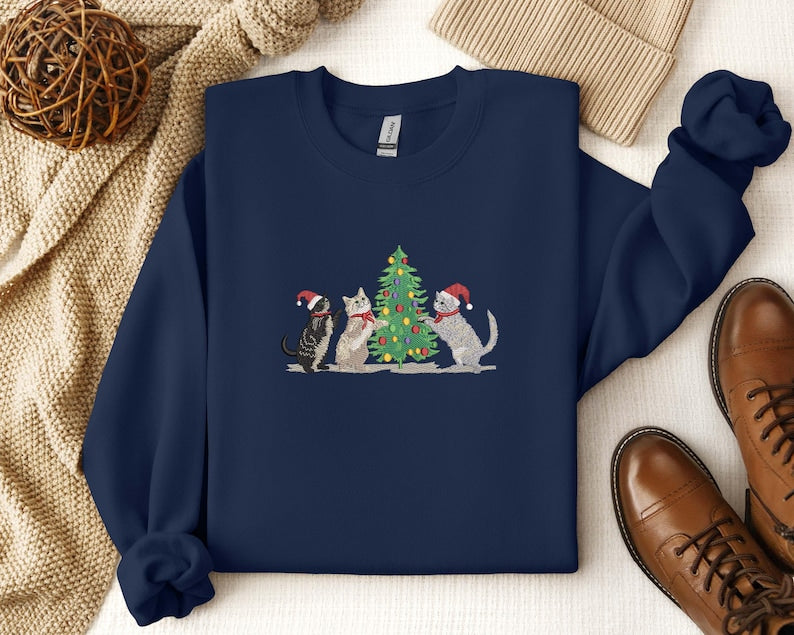Embroidered Cat Christmas Sweatshirt, Embroidered Tis The Season, Cat Coquette Tee, Merry Christmas, Merry And Bright,Winter Hoodie,Cat Play