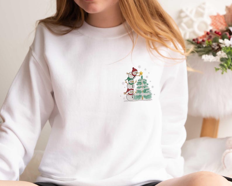 Embroidered Snowman Stacking Christmas Tree Shirt, Embroidered Snowman, Christmas Sweatshirt, Merry Christmas, Merry And Bright, Snowman