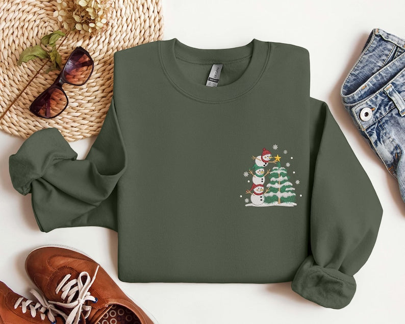 Embroidered Snowman Stacking Christmas Tree Shirt, Embroidered Snowman, Christmas Sweatshirt, Merry Christmas, Merry And Bright, Snowman
