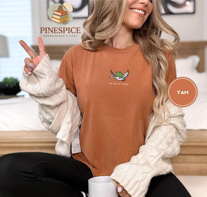 We Ride at Dawn T-Shirt, Funny Frog and Goose Tee, Embroidered Comfort Colors 1717, Chaotic Animal Shirt, Whimsical Gamer Gift