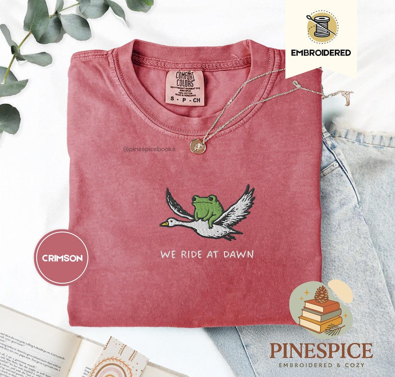 We Ride at Dawn T-Shirt, Funny Frog and Goose Tee, Embroidered Comfort Colors 1717, Chaotic Animal Shirt, Whimsical Gamer Gift