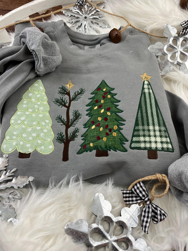 Christmas Tree Applique Cozy Sweatshirt or T-Shirt | 4 Festive Embroidered Tree Designs | Holiday Shirt | Comfort Colors Tee -Gift Idea