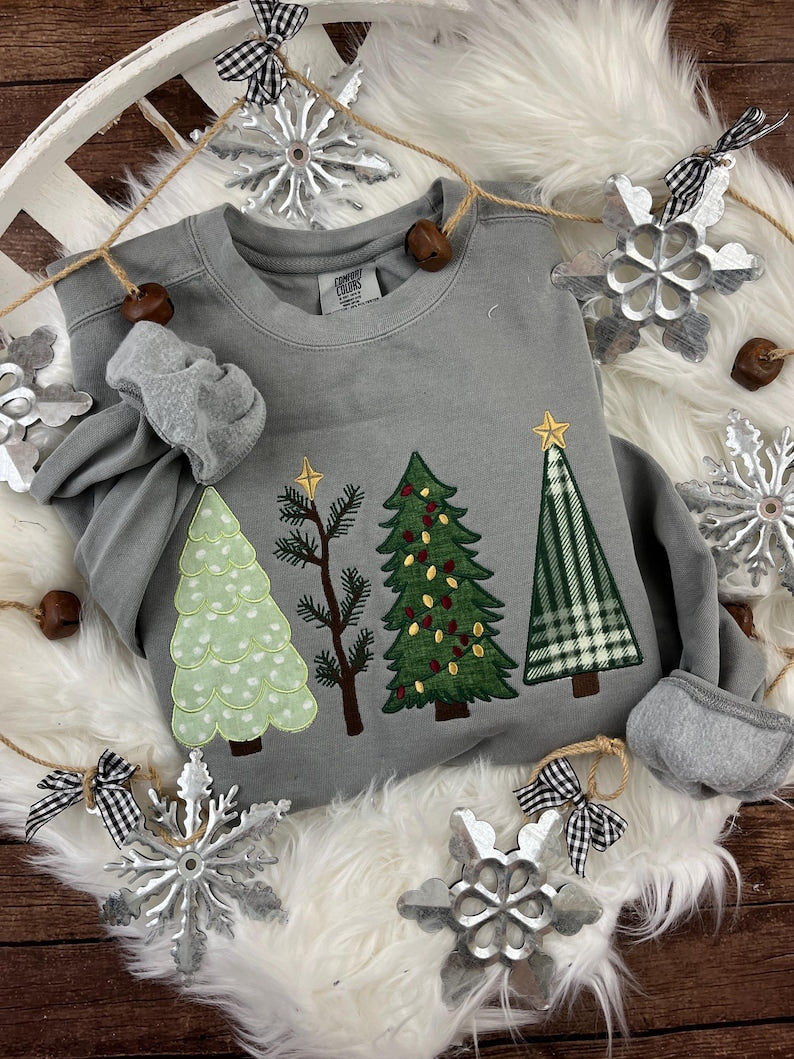 Christmas Tree Applique Cozy Sweatshirt or T-Shirt | 4 Festive Embroidered Tree Designs | Holiday Shirt | Comfort Colors Tee -Gift Idea