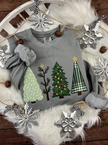 Christmas Tree Applique Cozy Sweatshirt or T-Shirt | 4 Festive Embroidered Tree Designs | Holiday Shirt | Comfort Colors Tee -Gift Idea