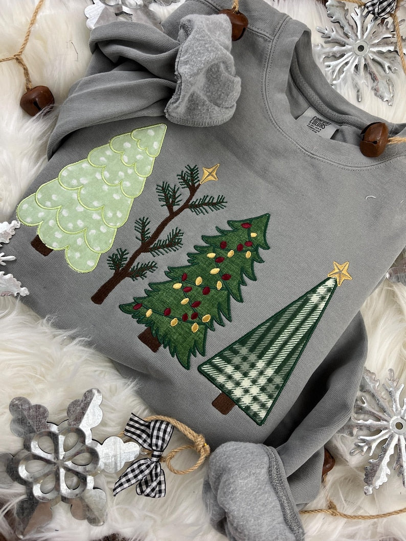 Christmas Tree Applique Cozy Sweatshirt or T-Shirt | 4 Festive Embroidered Tree Designs | Holiday Shirt | Comfort Colors Tee -Gift Idea