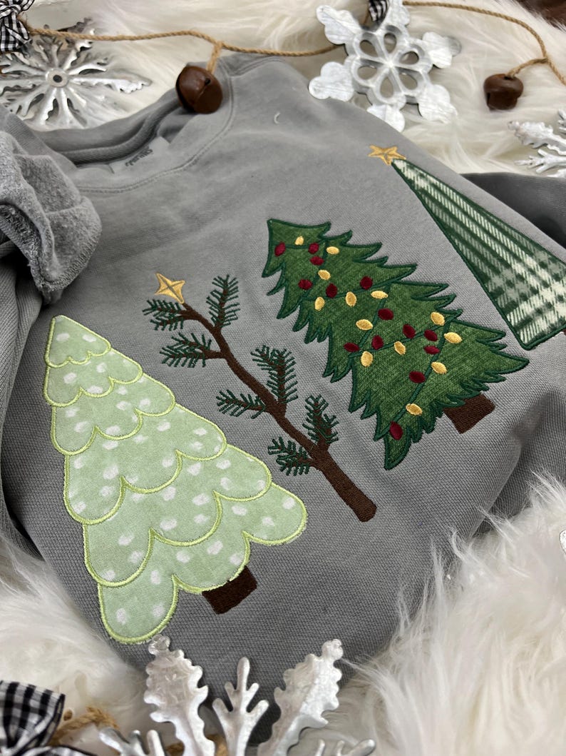 Christmas Tree Applique Cozy Sweatshirt or T-Shirt | 4 Festive Embroidered Tree Designs | Holiday Shirt | Comfort Colors Tee -Gift Idea