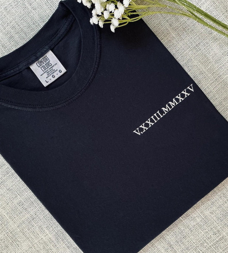 Embroidered Roman Numerals T-Shirt Anniversary Couples Matching Gift Custom Wedding Shirt
