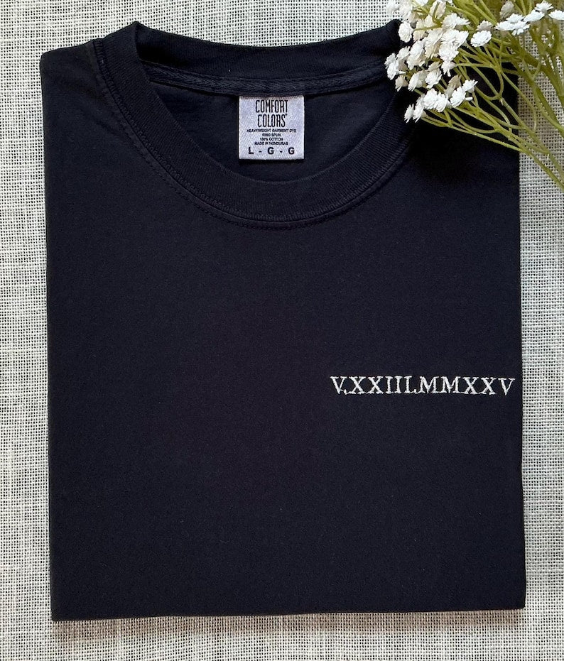 Embroidered Roman Numerals T-Shirt Anniversary Couples Matching Gift Custom Wedding Shirt