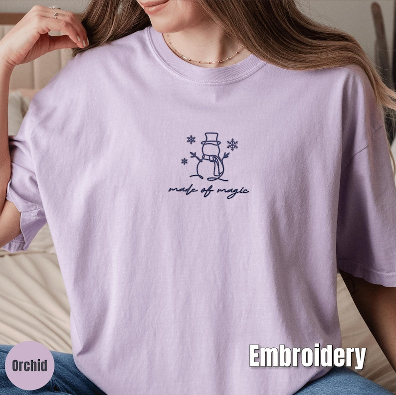 Embroidered Christmas Snowman Shirt, Comfort Colors Made of Magic Minimalist Tee, Cute Winter Embroidery, Cozy Holiday Gift Shirt