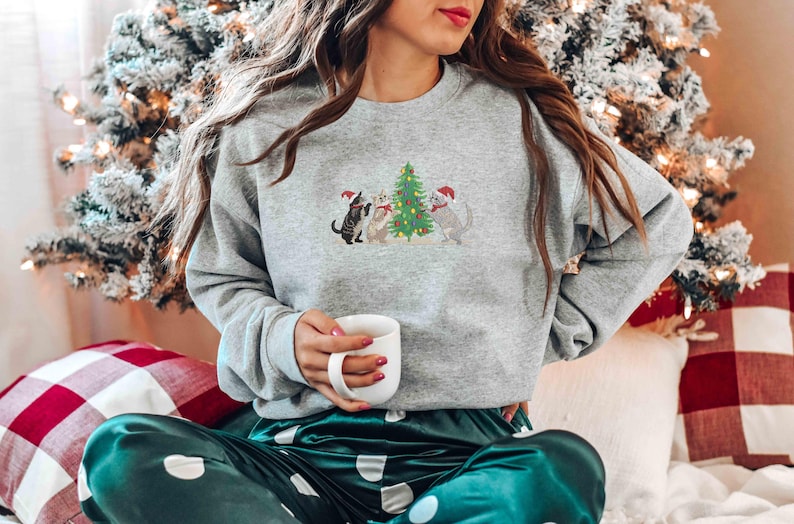 Embroidered Cat Christmas Sweatshirt, Embroidered Tis The Season, Cat Coquette Tee, Merry Christmas, Merry And Bright,Winter Hoodie,Cat Play