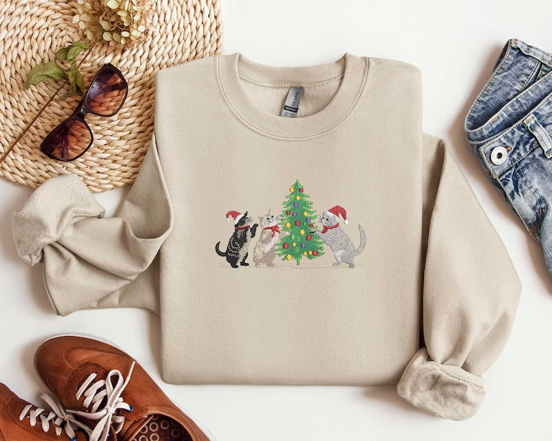Embroidered Cat Christmas Sweatshirt, Embroidered Tis The Season, Cat Coquette Tee, Merry Christmas, Merry And Bright,Winter Hoodie,Cat Play