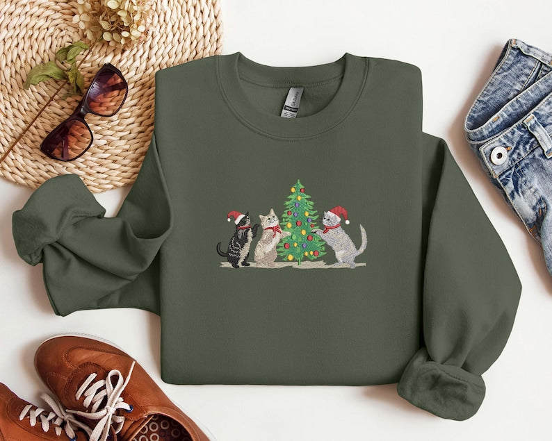 Embroidered Cat Christmas Sweatshirt, Embroidered Tis The Season, Cat Coquette Tee, Merry Christmas, Merry And Bright,Winter Hoodie,Cat Play