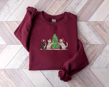 Embroidered Cat Christmas Sweatshirt, Embroidered Tis The Season, Cat Coquette Tee, Merry Christmas, Merry And Bright,Winter Hoodie,Cat Play