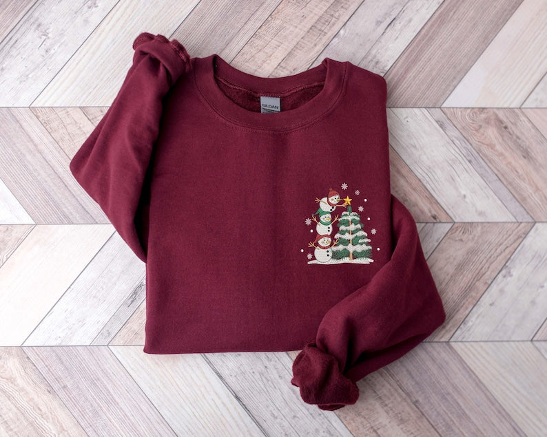 Embroidered Snowman Stacking Christmas Tree Shirt, Embroidered Snowman, Christmas Sweatshirt, Merry Christmas, Merry And Bright, Snowman