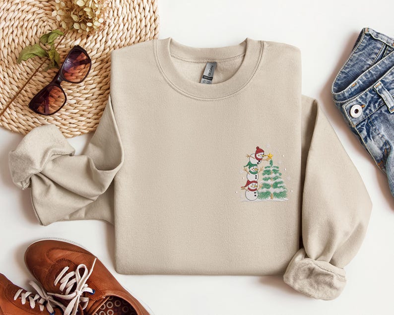Embroidered Snowman Stacking Christmas Tree Shirt, Embroidered Snowman, Christmas Sweatshirt, Merry Christmas, Merry And Bright, Snowman