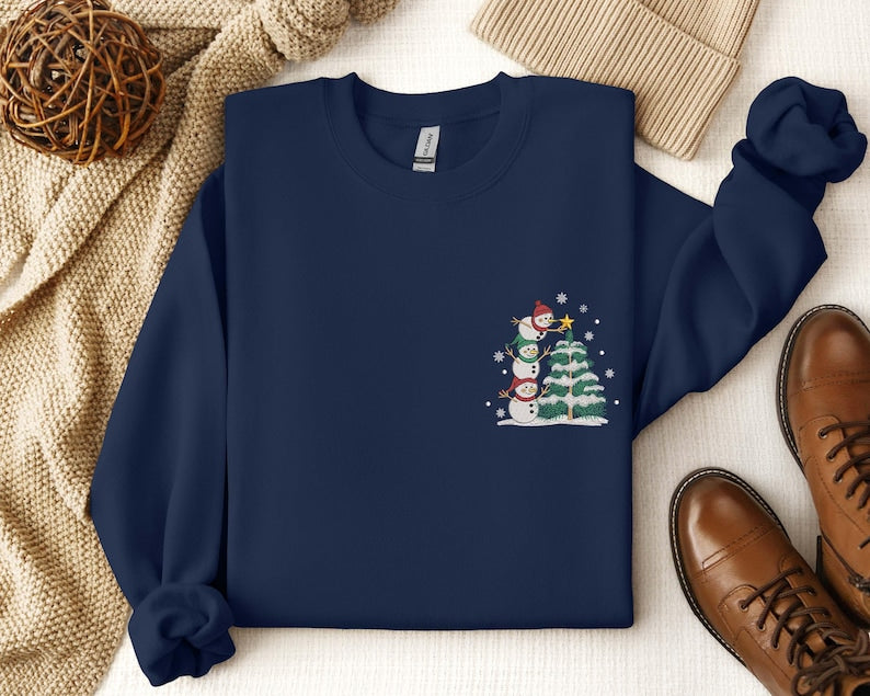 Embroidered Snowman Stacking Christmas Tree Shirt, Embroidered Snowman, Christmas Sweatshirt, Merry Christmas, Merry And Bright, Snowman