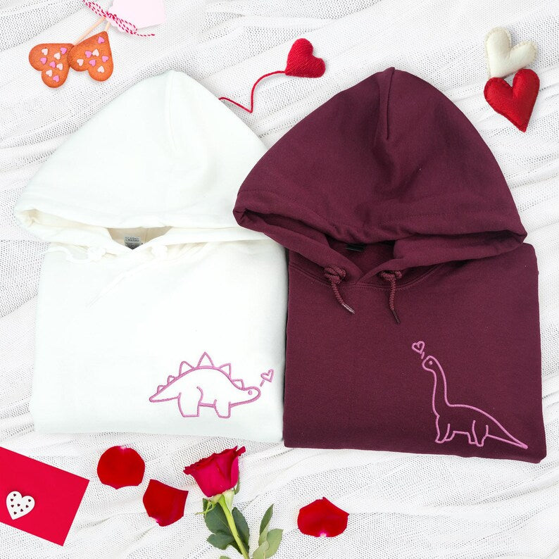 Embroidered Dinosaur Couple Hoodies: Personalized Matching Sweatshirts